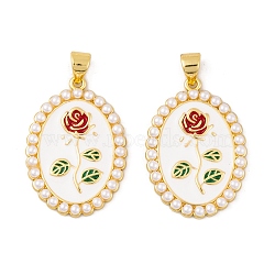 Brass Enamel Pendants, with ABS Plastic Imitation Pearl Beads, Real 18K Gold Plated, Oval with Flower, White, 27x19x3mm, Hole: 5x3.5mm(KK-E108-44G)