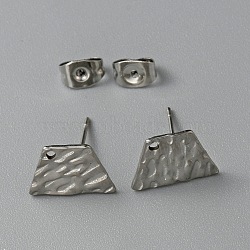 304 Stainless Steel Textured Geometry Stud Earring Findings with Hole, Stainless Steel Color, Trapezoid, 9x12mm, Hole: 1mm, Pin: 0.6mm(STAS-WH0027-54N)