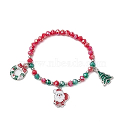 Christmas Tree & Santa Claus & Christmas Wreath Alloy Enamel Charm Bracelets, Faceted Glass Stretch Bracelets for Women, Red, Inner Diameter: 2-1/4 inch(5.75cm)(BJEW-TA00507)