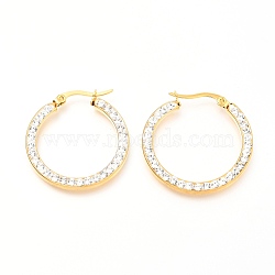 304 Stainless Steel Hoop Earrings, with Polymer Clay Rhinestones, Flat Ring Shape, Golden, 30x28x2.6mm, Pin: 0.7mm(EJEW-C501-19G-B)