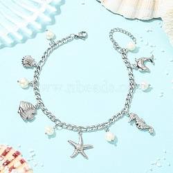Ocean Natural Pearl & 304 Stainless Steel Starfish Sea Horse Shell Shape Charm Anklets for Women, White, Stainless Steel Color, 9-1/8 inch(232mm)(AJEW-AN00826-02)