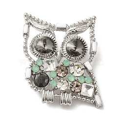 Owl Alloy Colorful Rhinestone Hollow Brooch, for Clothes, Platinum, 41x32.5x11mm, hole: 6x5mm.(JEWB-R025-03)