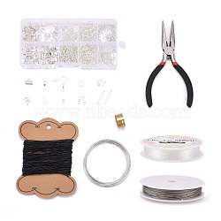 DIY Jewelry Sets, Brass Crimp Beads and Iron Findings, with Tools, Silver Color Plated, 13x6.8x2.1cm(DIY-X0098-16S)