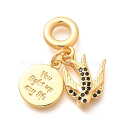 Brass Cubic Zirconia Flat Round & Swallow European Dangle Charms, Large Hole Pendants, Real 18K Gold Plated, 30.5mm, Hole: 5mm(KK-U048-19G)