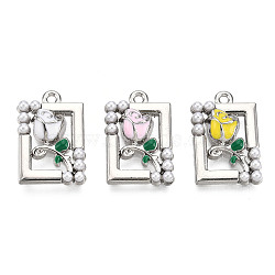 Rack Plating Alloy Enamel Pendants, with ABS Imitation Pearls Beads, Cadmium Free & Lead Free, Rectangle with Rose, Platinum, Mixed Color, 18.5x12.5x4mm, Hole: 1.2mm(PALLOY-F286-07-P)