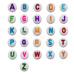Opaque Acrylic Beads, White, Flat Round with Alphabet, Letter A~Z, Colorful, 7mm(JX231A)