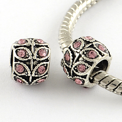 Antique Silver Plated Alloy Rhinestone Large Hole European Beads, Rondelle with Leaf, Light Rose, 9x7mm, Hole: 5mm(MPDL-R041-02B)