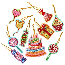Christmas Theme DIY Diamond Painting Pendant Decoration Kits, including Pendant, Resin Rhinestones, Diamond Sticky Pen, Tray Plate and Glue Clay, Cake Candy Balloon, Hot Pink, 70~105x30~95mm, 10pcs/set(XMAS-PW0001-110B)