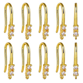 10 Pair Brass Micro Pave Clear Cubic Zirconia Earring Hooks, Ear Wire, with Loops, Real 18K Gold Plated, 18mm, Hole: 1.2mm, Pin: 1mm