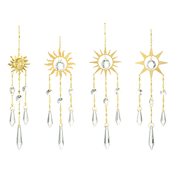 4Pcs 4 Styles Sun Metal Hanging Ornaments, Glass Cone Tassel Suncatchers for Garden Outdoor Home Decoration, Golden, 318~342mm, 1pc/style