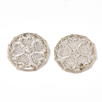 Polyester Woven Pendant Decorations, with Iron Findings, Flat Round with Flower, Light Gold, Linen, 28x2mm