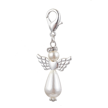 Glass Pearl Pendant Decorations, with Alloy Findings, Angel, Silver, 52mm