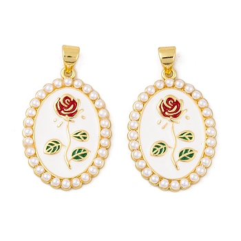 Brass Enamel Pendants, with ABS Plastic Imitation Pearl Beads, Real 18K Gold Plated, Oval with Flower, White, 27x19x3mm, Hole: 5x3.5mm