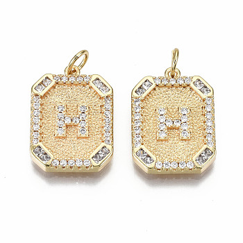 Brass Micro Pave Clear Cubic Zirconia Pendants, Nickel Free, Real 18K Gold Plated, Rounded Rectangle with Word, Letter.H, 19x14x2.5mm, Jump Ring: 5x0.7mm, 3mm inner diameter