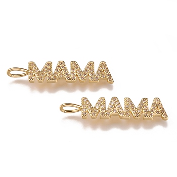 Brass Micro Pave Clear Cubic Zirconia Pendants, Long-Lasting Plated, for Mother's Day, Word Mama, Golden, 30x7x1.7mm, Hole: 4.5x3mm.