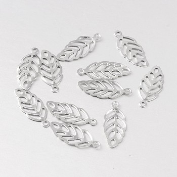 Tarnish Resistant Hollow Leaf 316 Surgical Stainless Steel Filigree Charms, Stainless Steel Color, 13x5x1mm, Hole: 0.5mm