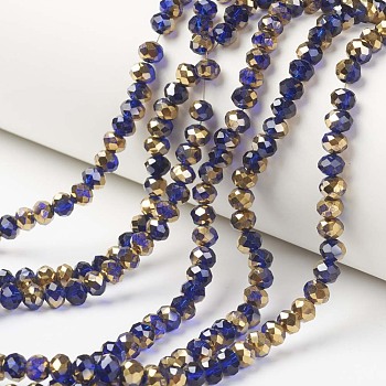 Electroplate Transparent Glass Beads Strands, Half Golden Plated, Faceted, Rondelle, Dark Blue, 4x3mm, Hole: 0.4mm, about 130pcs/strand, 16.54 inch(42cm)