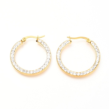 304 Stainless Steel Hoop Earrings, with Polymer Clay Rhinestones, Flat Ring Shape, Golden, 30x28x2.6mm, Pin: 0.7mm