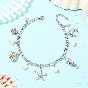 Ocean Natural Pearl & 304 Stainless Steel Starfish Sea Horse Shell Shape Charm Anklets for Women, White, Stainless Steel Color, 9-1/8 inch(232mm)