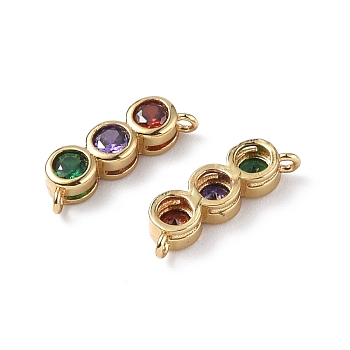 Brass Micro Pave Colorful Cubic Zirconia Connector Charms, Flat Round Links, Real 18K Gold Plated, 14x4x3mm, Hole: 1mm
