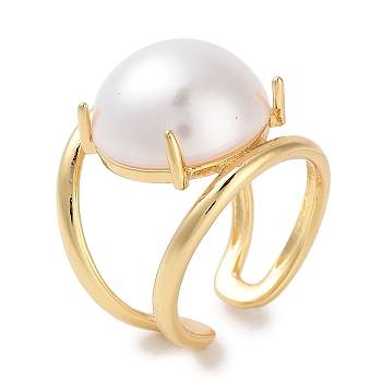Rack Plating Brass Open Cuff Rings, with Plastic Pearl Beads, Long-Lasting Plated, Cadmium Free & Lead Free, Half Round, Real 18K Gold Plated, Adjustable