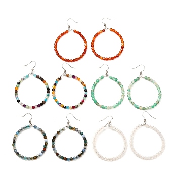 Natural Agate Beads Big Ring Dangle Earrings for Girl Women, 304 Stainless Steel Earring, Mixed Color, 65mm, Pin: 0.7mm