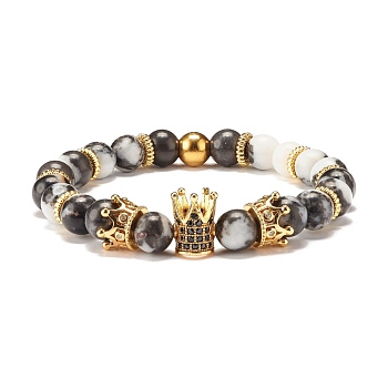 Round Natural Zebra Jasper Beaded Stretch Bracelet with Crown for Women, Golden, Inner Diameter: 2-1/4 inch(5.6cm)
