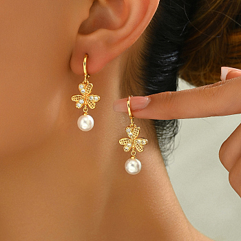 Elegant Fashion Clover Stainless Steel Hoop Earrings for Women, with Rhinestone & Pearl, Golden, 35x7.7mm