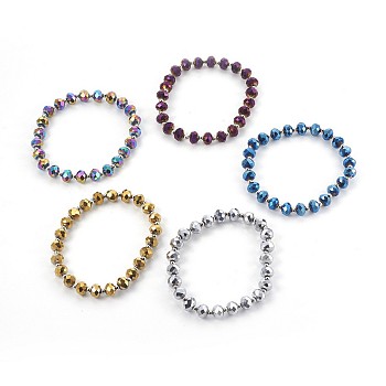 Electroplate Glass Stretch Bracelets, with Brass Spacer Beads, Round, Mixed Color, 2-1/8 inch(5.3cm)