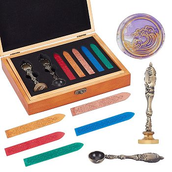 DIY Scrapbook, Alloy Spoon with Wax Seal Handle Brass Stamp, Wood Box and Wax Sets, Mixed Color, 9.1x1.15x1.2cm