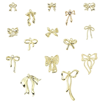 15Pcs 15 Styles Rack Plating Alloy Pendants, Bowknot Charms, Golden, 10~45x9.5~30.5x2~4mm , Hole: 1.4~2mm, 1pc/style