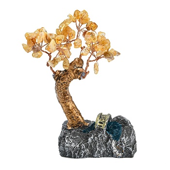 Natural Citrine Chips Money Tree Decorations, Resin Base Copper Wire Feng Shui Energy Stone Gift for Home Desktop Decoration, 86x41x105mm