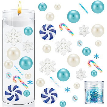 Christmas Vase Fillers for Centerpiece Floating Pearls Candles, Including Plastic Round Beads & Glitter, Polymer Clay Candy Cane Beads & Cabochons, Lollipop & Snowflake Resin Cabochons, Turquoise