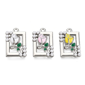 Rack Plating Alloy Enamel Pendants, with ABS Imitation Pearls Beads, Cadmium Free & Lead Free, Rectangle with Rose, Platinum, Mixed Color, 18.5x12.5x4mm, Hole: 1.2mm
