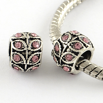 Antique Silver Plated Alloy Rhinestone Large Hole European Beads, Rondelle with Leaf, Light Rose, 9x7mm, Hole: 5mm