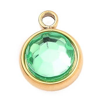 304 Stainless Steel Charms, with Acrylic Rhinestone, Birthstone Charms, Faceted, Flat Round, Golden, Peridot, 10x8x4mm, Hole: 1.3mm