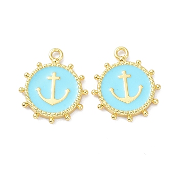 Eco-Friendly Stainless Steel Enamel Pendants, Real 18K Gold Plated, Long-Lasting Plated, Flat Round with Anchor, Cyan, 20x16.5x2.2mm, Hole: 1.9mm