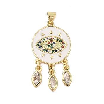 Rack Plating Brass Micro Pave Cubic Zirconia Pendants, with Enamel, Long-Lasting Plated, Lead Free & Cadmium Free, Flat Round with Evil Eye & Teardrop, Real 18K Gold Plated, 32x17.5x2mm, Hole: 5x3.5mm