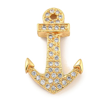 Brass Micro Pave Clear Cubic Zirconia Pendants, Anchor Charms, Real 18K Gold Plated, 27x17.5x5mm, Hole: 1mm