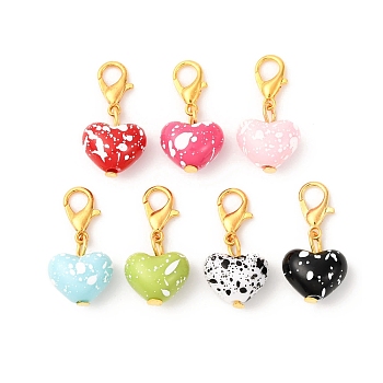 Spray Painted Opaque Acrylic Heart Pendant Decorations, with Alloy Lobster Claw Clasps, Golden, 25.5mm