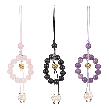Mixed Gemstone Beaded Mobile Straps, with Natural Freshwater Pearl Beads and Braided Nylon Thread and Alloy Beads, 135mm