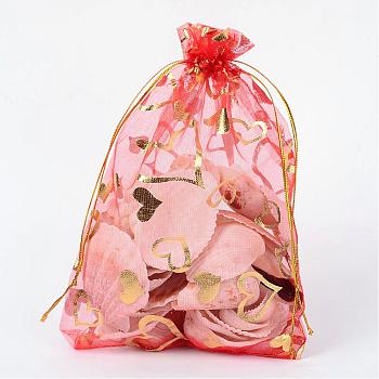 Heart Printed Organza Bags, Wedding Favor Bags, Favour Bag, Gift Bags, Rectangle, Red, 18x13cm