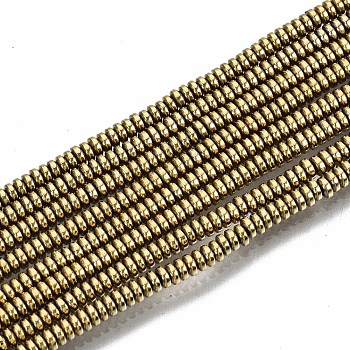 Electroplate Non-magnetic Synthetic Hematite Beads Strands, Flat Round/Disc, Light Gold Plated, 2x1mm, Hole: 0.8mm, about 450~456pcs/strand, 15.75 inch~15.94 inch(40cm~40.5cm)