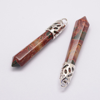Natural Polychrome Jasper/Picasso Stone/Picasso Jasper Big Pointed Pendants, with Alloy Findings, Bullet, Platinum, 57~63x13x10mm, Hole: 3x4mm