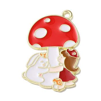 Zinc Alloy Pendant, with Enamel, Mushroom with Girl and Rabbit, Light Gold, Red, 30x19x1.5mm, Hole: 1.6mm