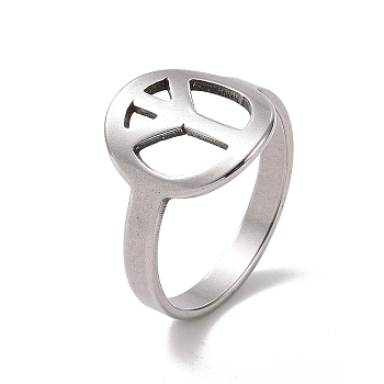 201 Stainless Steel Peace Sign Finger Ring, Hollow Wide Ring for Women, Stainless Steel Color, US Size 6 1/2(16.9mm)