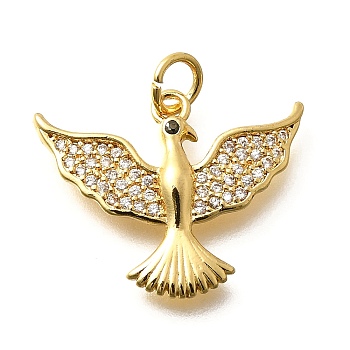 Brass Micro Pave Cubic Zirconia Pendants, Real 18K Gold Plated Charms, with Jump Ring, Phenix, 17x21.5x2mm, Hole: 3mm