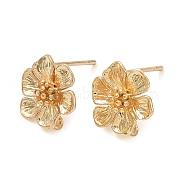 Brass Stud Earring Finding, with Vertical Loop, Flower, Real 18K Gold Plated, 12x13mm, Hole: 1mm, Pin: 0.7mm(KK-C031-28G)