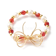 Imitate Austrian Crystal Bicone Glass Beaded Finger Rings, with Round Shell Pearl Beads and 304 Stainless Steel Round Beads, Eco-Friendly Copper Wire, Bowknot, Real 18K Gold Plated, Red, US Size 9(18.9mm)(X1-RJEW-TA00003-03)