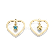 201 Stainless Steel Pendants, with Rhinestone, Heart with Flat Round, Real 18K Gold Plated, Capri Blue, 23x24x1mm, Hole: 1.6mm(STAS-N090-LA897-3G)